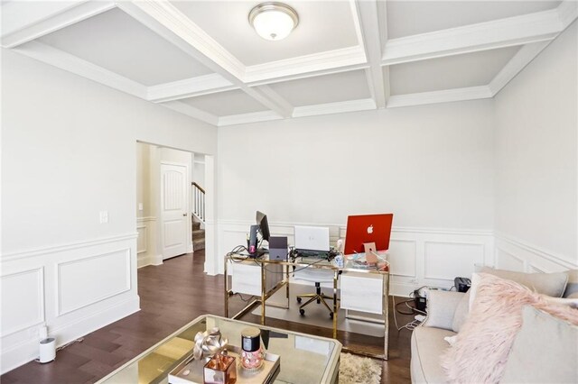 office space featuring coffered ceiling, dark wood-type flooring, and beam ceiling