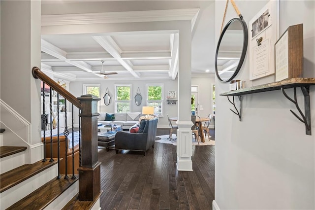 foyer entrance featuring coffered ceiling, ornamental molding, stairway, beamed ceiling, and dark wood finished floors