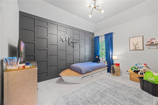 bedroom featuring visible vents, light carpet, baseboards, and an inviting chandelier