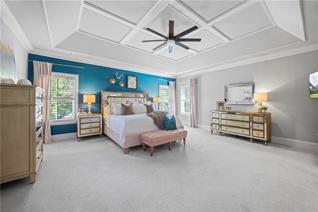 carpeted bedroom with ornamental molding, coffered ceiling, a ceiling fan, and baseboards