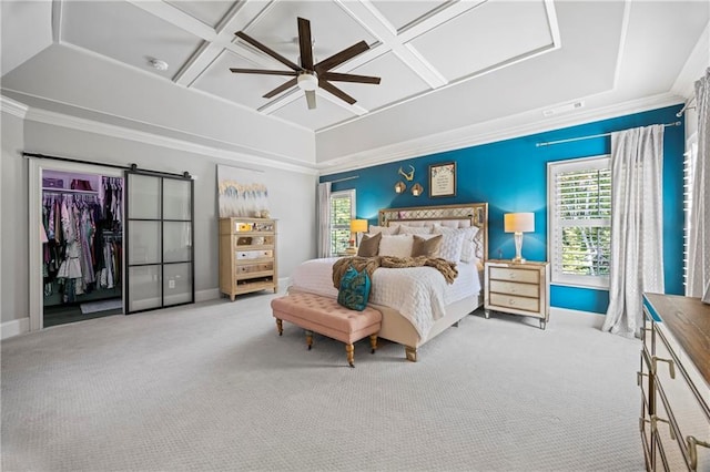 bedroom featuring visible vents, ornamental molding, light carpet, coffered ceiling, and baseboards