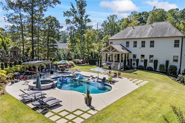 view of swimming pool featuring a pool with connected hot tub, a gazebo, a lawn, a pergola, and a patio area