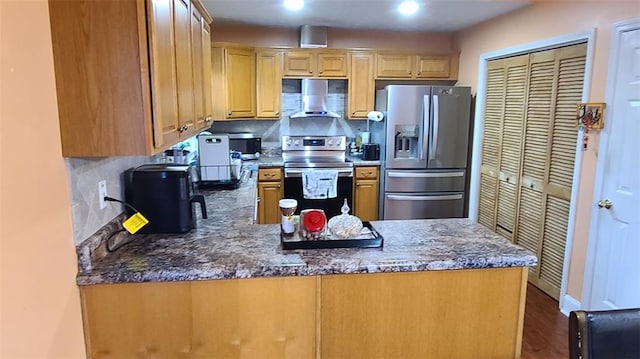 kitchen featuring decorative backsplash, wood finished floors, a peninsula, stainless steel appliances, and wall chimney range hood