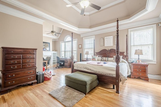 1765 Dew Pl, Marietta, GA 30064 - bedroom with light wood-style flooring, ornamental molding, ceiling fan, a towering ceiling, and a raised ceiling