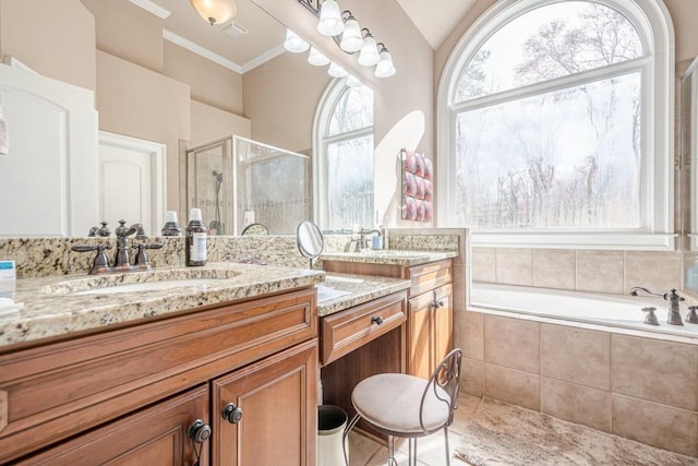 1765 Dew Pl, Marietta, GA 30064 - bathroom with vanity, a shower stall, a bath, and crown molding