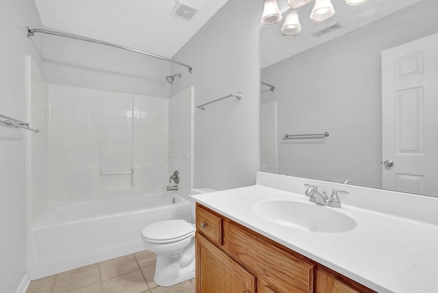 full bath featuring toilet, tile patterned flooring, vanity, and  shower combination