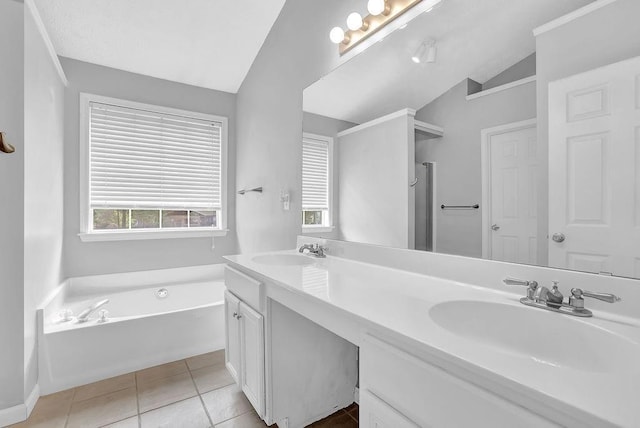 full bathroom featuring vaulted ceiling, a bath, tile patterned flooring, double vanity, and a shower