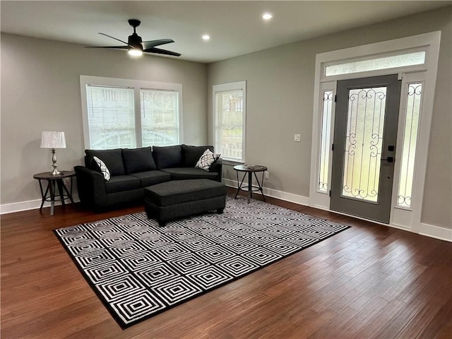 1255 Plaza Ave SW, Atlanta, GA 30310 - living room featuring wood finished floors, a ceiling fan, baseboards, and recessed lighting
