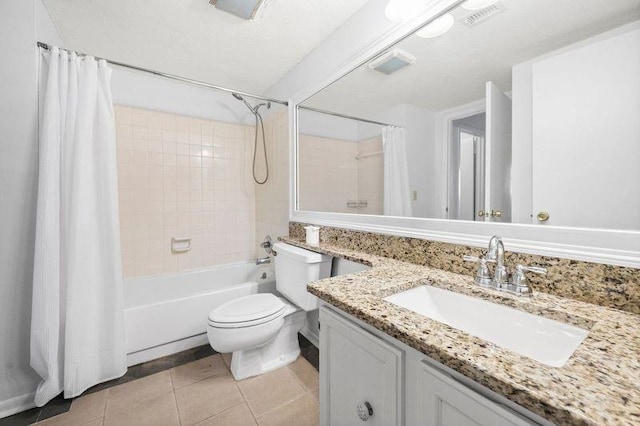 full bathroom with shower / bathtub combination with curtain, vanity, toilet, and tile patterned floors