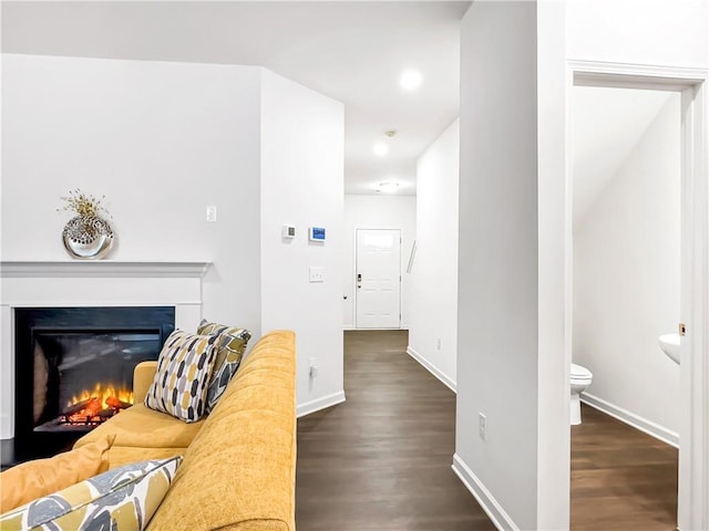 living room featuring dark wood-type flooring