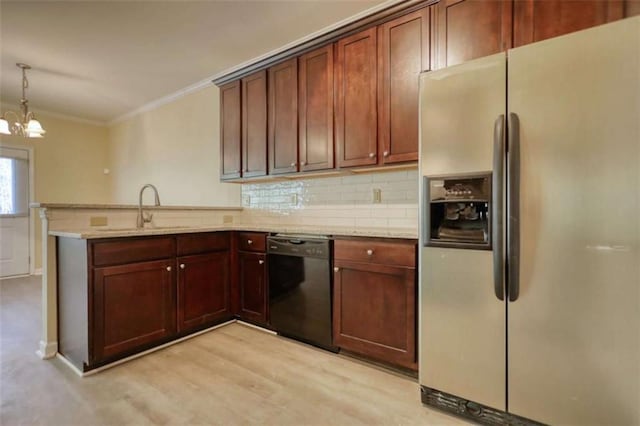 kitchen featuring black dishwasher, decorative backsplash, a peninsula, stainless steel refrigerator with ice dispenser, and a sink