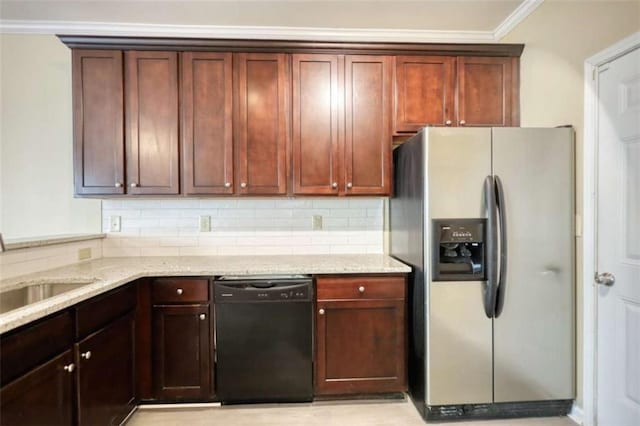 kitchen featuring decorative backsplash, dishwasher, stainless steel fridge with ice dispenser, light stone countertops, and crown molding