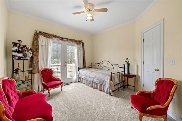 bedroom featuring carpet floors, baseboards, access to outside, ornamental molding, and french doors