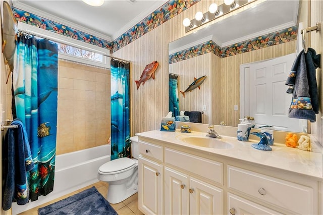 full bathroom featuring tile patterned flooring, toilet, vanity, shower / bath combination with curtain, and wallpapered walls