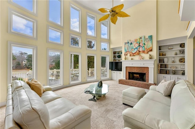 interior space with light carpet, a fireplace, and built in features