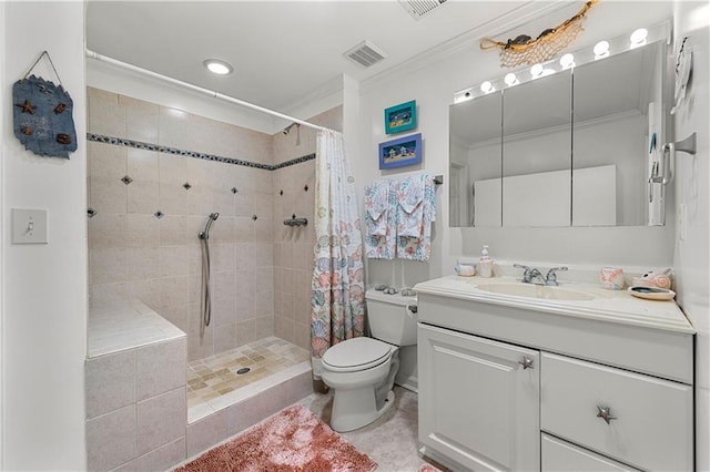 bathroom with a stall shower, visible vents, crown molding, and toilet