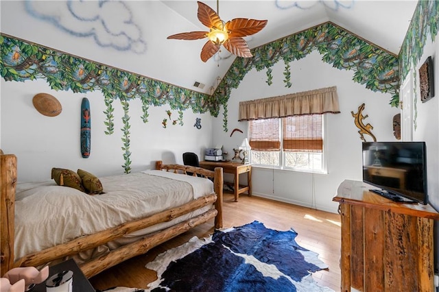 bedroom with lofted ceiling, light wood-style floors, ceiling fan, and visible vents