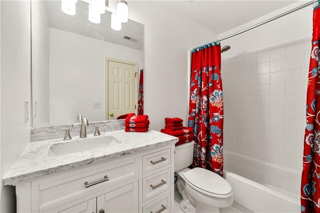 bathroom with toilet, shower / bathtub combination with curtain, visible vents, and vanity