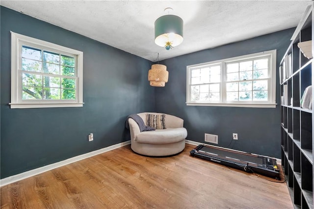 sitting room featuring healthy amount of natural light, wood finished floors, baseboards, and a textured ceiling