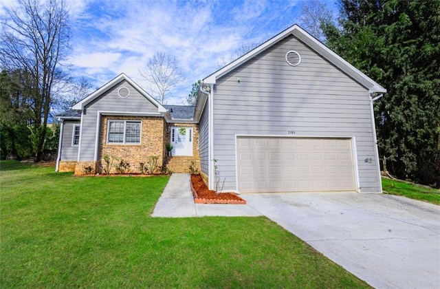 ranch-style home featuring concrete driveway, an attached garage, brick siding, and a front lawn