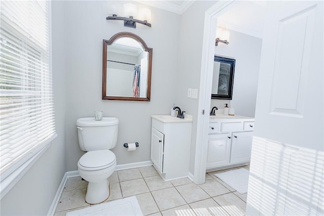 full bath with tile patterned flooring, baseboards, toilet, ornamental molding, and vanity