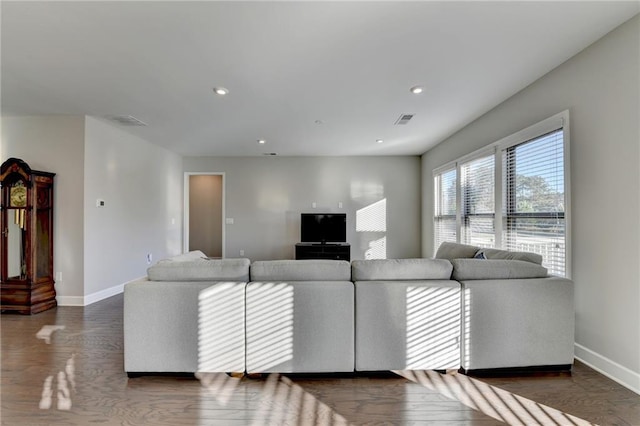 living room with dark hardwood / wood-style floors