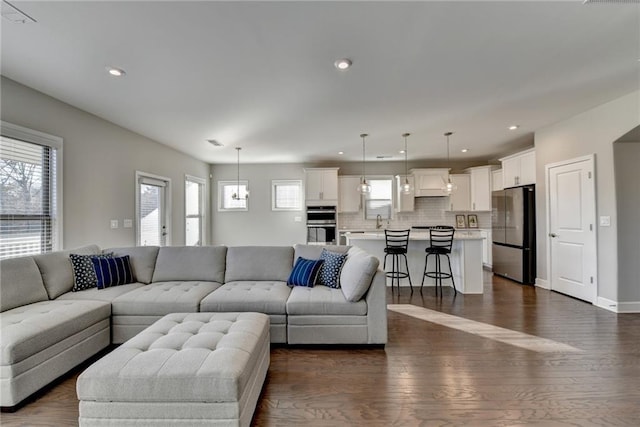 living room with dark wood-type flooring and sink