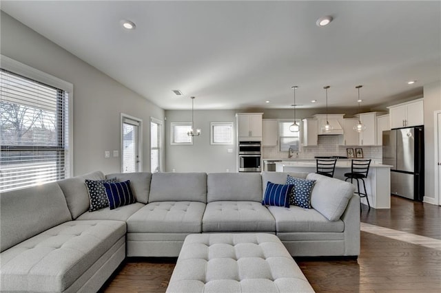 living room featuring dark hardwood / wood-style flooring and sink