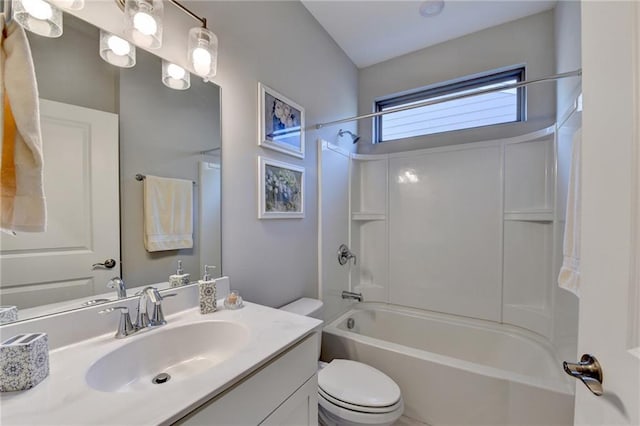 full bathroom with vanity,  shower combination, and toilet