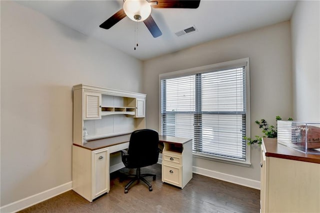 office featuring dark hardwood / wood-style floors and ceiling fan