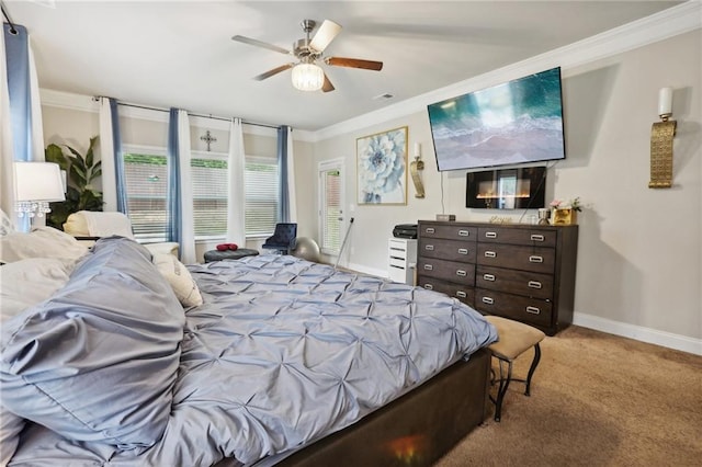 244 Lotus Cir, Mcdonough, GA 30252 - carpeted bedroom featuring visible vents, a ceiling fan, baseboards, and ornamental molding