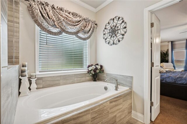 244 Lotus Cir, Mcdonough, GA 30252 - full bathroom featuring crown molding, a bath, and connected bathroom