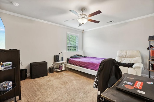 244 Lotus Cir, Mcdonough, GA 30252 - carpeted bedroom with visible vents, ornamental molding, and a ceiling fan