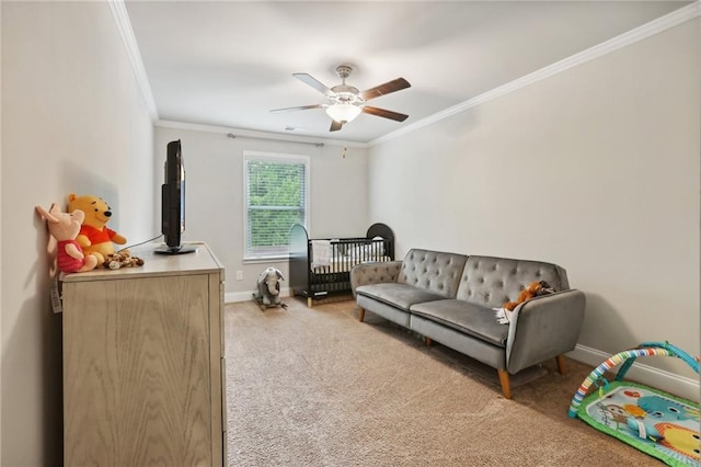 244 Lotus Cir, Mcdonough, GA 30252 - living area with light carpet, a ceiling fan, baseboards, and ornamental molding