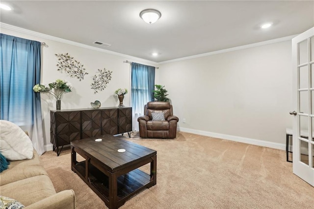 244 Lotus Cir, Mcdonough, GA 30252 - living room with visible vents, baseboards, carpet, and ornamental molding