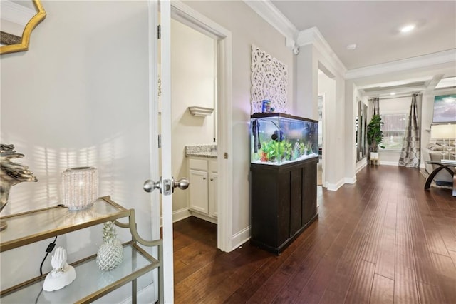 244 Lotus Cir, Mcdonough, GA 30252 - hallway featuring dark wood-type flooring, baseboards, and ornamental molding