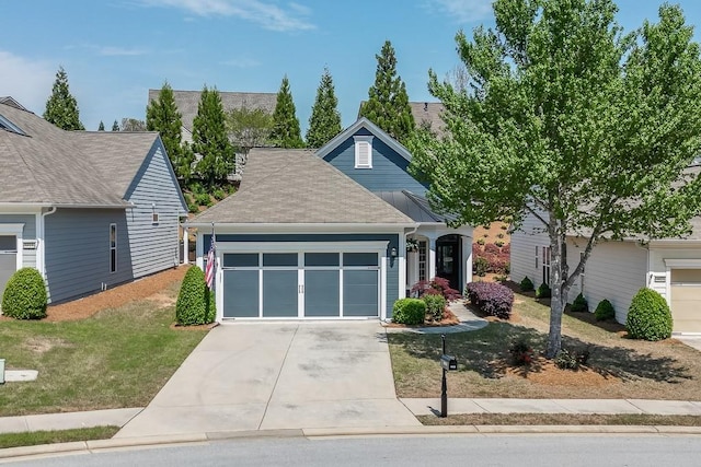 view of front of property with a front yard, driveway, and a garage