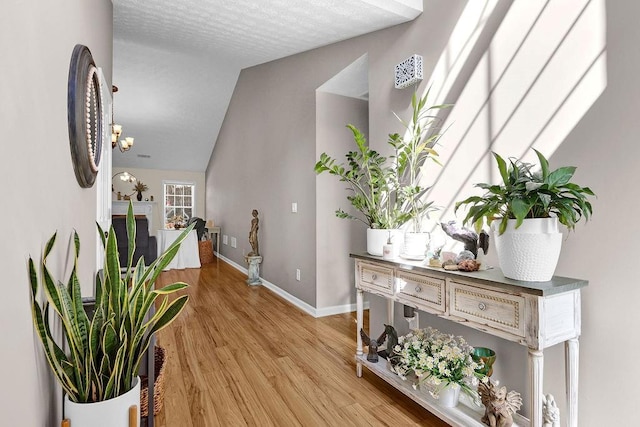 hall with vaulted ceiling, a textured ceiling, light wood-style flooring, and baseboards