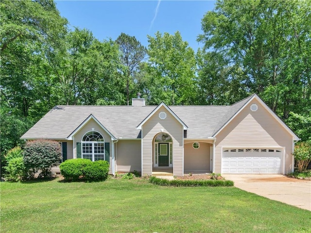 220 Sugar Hill Ct, Jackson, GA 30233 - ranch-style house with an attached garage, driveway, a front lawn, and a chimney