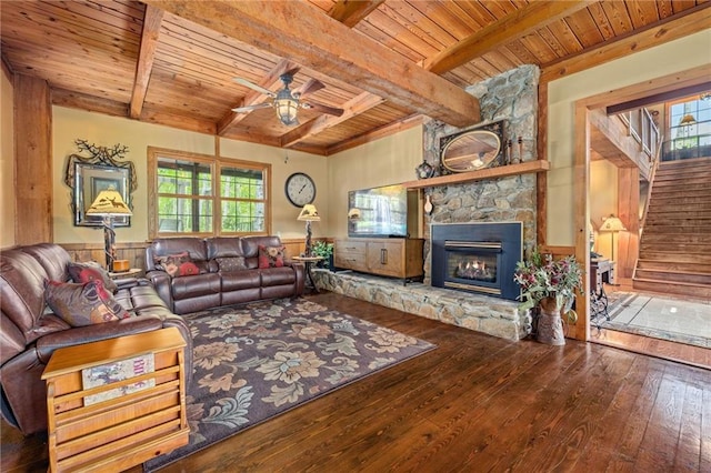 259 Eagle Chase Cir, Dillard, GA 30537 - living room with a wood ceiling with exposed beams, a wainscoted wall, wood-type flooring, a ceiling fan, and a stone fireplace