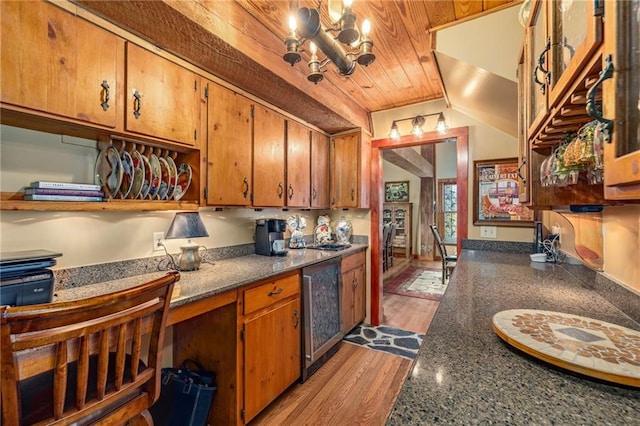 259 Eagle Chase Cir, Dillard, GA 30537 - kitchen featuring beverage cooler, a chandelier, brown cabinetry, wooden ceiling, and dark countertops