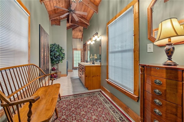 259 Eagle Chase Cir, Dillard, GA 30537 - bathroom featuring a wooden ceiling with exposed beams, vanity, ceiling fan, tile patterned floors, and high vaulted ceiling