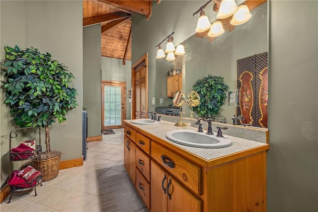 259 Eagle Chase Cir, Dillard, GA 30537 - full bath featuring a chandelier, double vanity, tile patterned floors, high vaulted ceiling, and a wooden ceiling with exposed beams