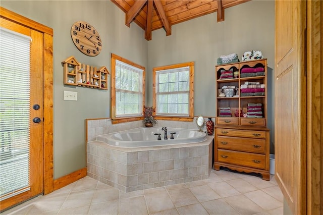 259 Eagle Chase Cir, Dillard, GA 30537 - bathroom featuring a bath, tile patterned flooring, and a wooden ceiling with exposed beams