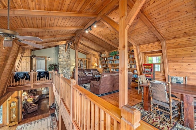 259 Eagle Chase Cir, Dillard, GA 30537 - office area with wood ceiling, hardwood / wood-style flooring, a ceiling fan, wooden walls, and rail lighting