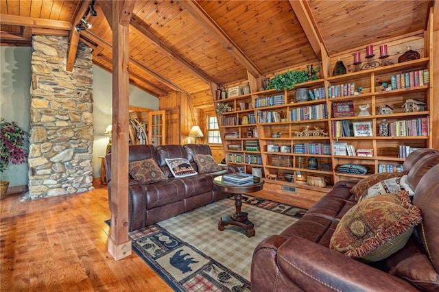 259 Eagle Chase Cir, Dillard, GA 30537 - living area featuring a wooden ceiling with exposed beams, wood-type flooring, and high vaulted ceiling