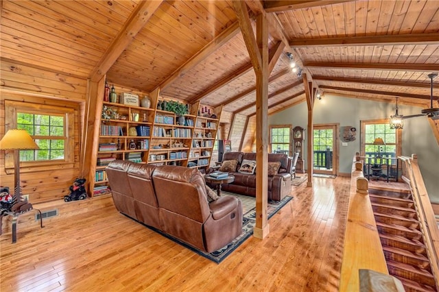 259 Eagle Chase Cir, Dillard, GA 30537 - living room with wood-type flooring, wooden ceiling, and wooden walls