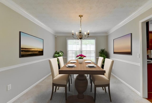 carpeted dining space featuring a notable chandelier and crown molding