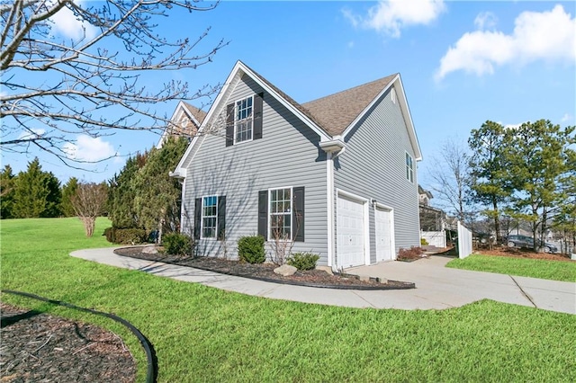 view of property exterior featuring a garage and a lawn