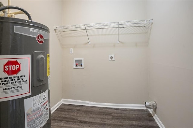 clothes washing area with water heater, dark hardwood / wood-style floors, hookup for a washing machine, and electric dryer hookup